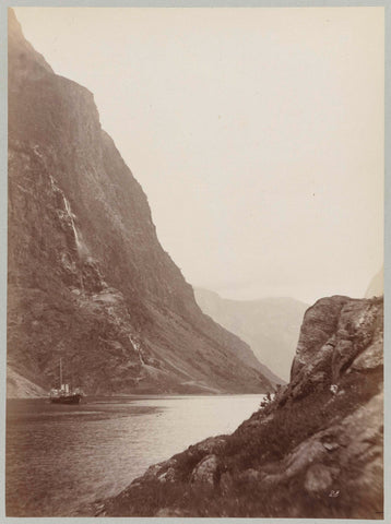 Ship on a river in the mountainous Norwegian landscape, Paul Güssfeldt (attributed to), 1889 Canvas Print