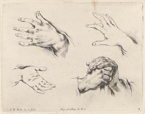 Three hands and one pair of hands leaning on a stick, Stefano della Bella, 1620 - 1664 Canvas Print