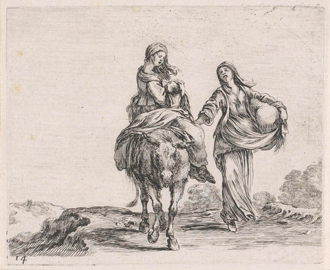 Farmer's queen with baby on a donkey and a farmer's woman walking next to it, Stefano della Bella, 1632 - 1664 Canvas Print