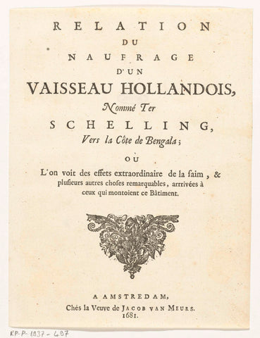 Titelpagina voor: Relation of the sinking of a Dutch ship, named Terschelling to the coast of Bengal, Amsterdam: 1681, weduwe Jacob van Meurs, 1681 Canvas Print