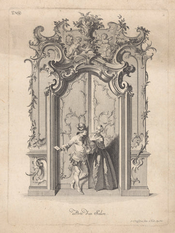 Rocaille door with wife and messenger, Johann Esaias Nilson, 1731 - 1788 Canvas Print