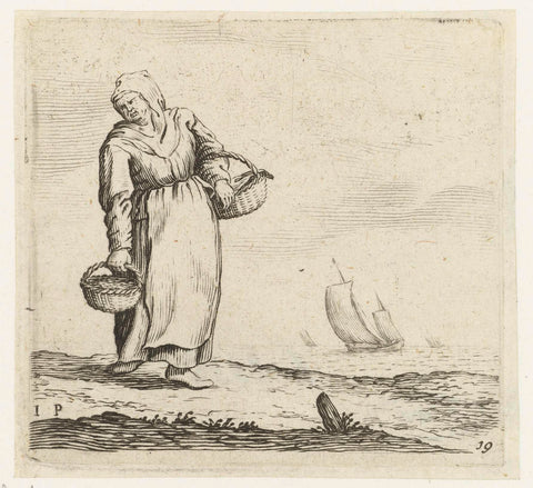 Dune landscape with a woman, two baskets on the arm, Gillis van Scheyndel (I), 1603 - 1653 Canvas Print