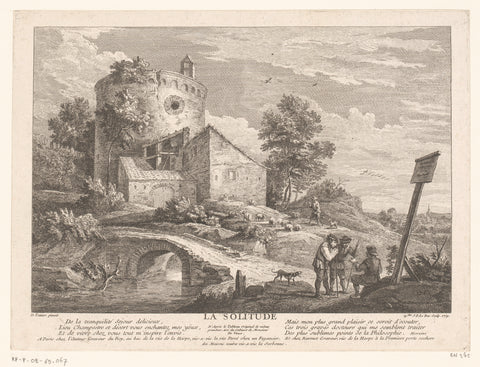 Landschap met een herder en drie mannen bij een bouwwerk, Jacques-Philippe Le Bas, 1739 Canvas Print