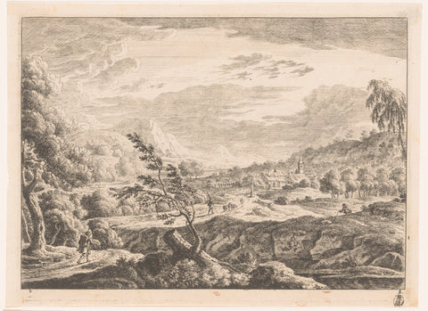 Landscape with village, Monogrammist MEG, 1700 - 1730 Canvas Print