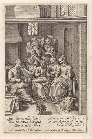 Jonge Maria as a seamstress, Hieronymus Wierix, 1563 - before 1619 Canvas Print