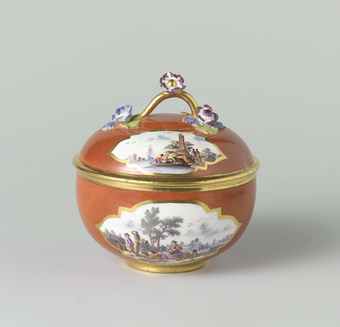 Sugar bowl with lid, multicolored painted with water landscapes in saved four passes in an orange-red long distance, Meissener Porzellan Manufaktur, c. 1735 Canvas Print