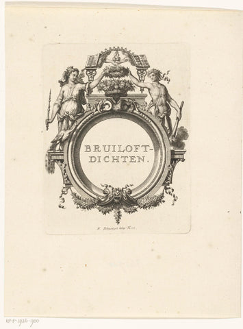 Title vignette with frame in which bridal couple and symbols of love and marital fidelity are included, François van Bleyswijck, 1720 Canvas Print