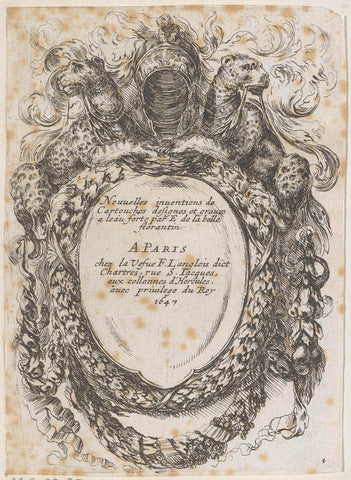 Title print with cartouche with text, panthers, a helmet and garlands, Stefano della Bella, 1647 Canvas Print