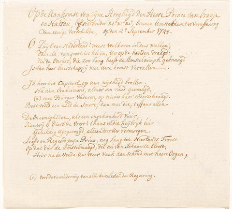 Verse on the arrival of William IV in Amsterdam, 2 September 1748, anonymous, 1800 - 1899 Canvas Print