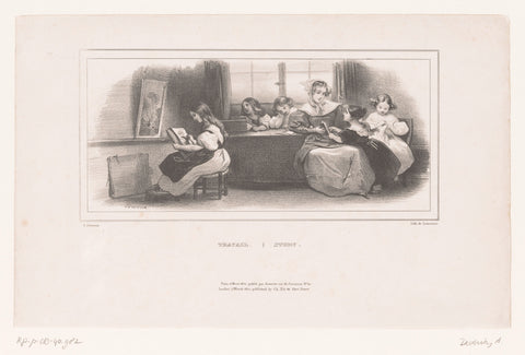 Mother with girls doing their homework, Achille Devéria, 1832 Canvas Print