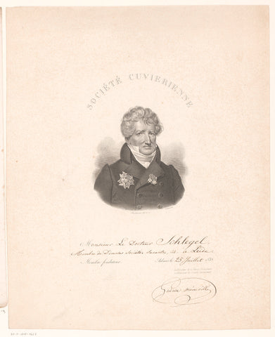 Print in honour of doctor Schlegel's membership in the Société Cuvierienne with portrait of Georges Cuvier, Pierre François Bertonnier, in or before 1838 Canvas Print