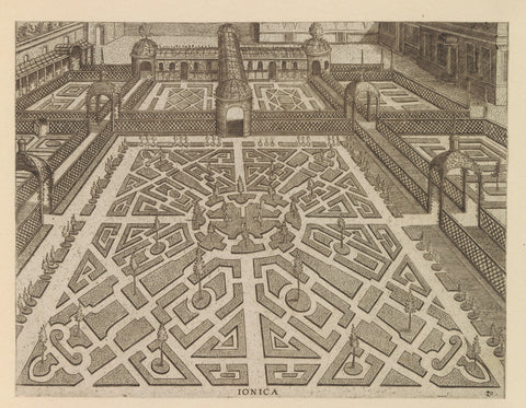 Garden with a ground floor, surrounded by fences and open pavilions, anonymous, c. 1600 - c. 1601 Canvas Print