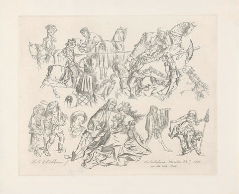 Study sheet with horsemen and couples, Hendrik Abraham Klinkhamer, 1820 - 1872 Canvas Print