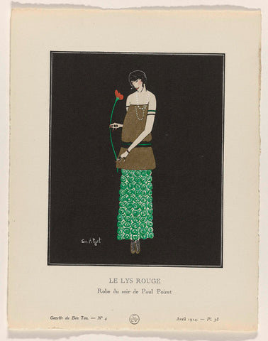 Gazette du Bon Ton, 1914 - No. 4, Pl. 38: Le lys rouge / Robe du soir de Paul Poiret, Simone A. Puget, 1914 Canvas Print