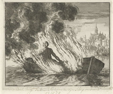 Hendrik Pruyt in Workum in a barge burned, 1574, Jan Luyken, 1685 Canvas Print