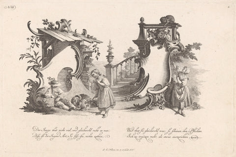 Cartouche with sleeping man and two women, Johann Esaias Nilson, 1731 - 1788 Canvas Print