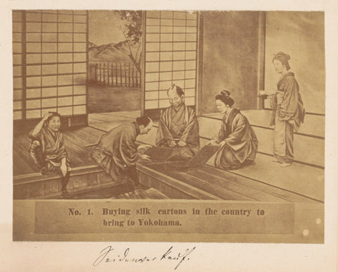 Fotoreproductie van een prent van de verkoop en keuring van Japans zijde, anonymous, 1884 Canvas Print