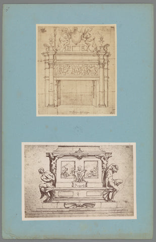 Two photo reproductions of drawings of a fireplace and a pedestal, anonymous, c. 1875 - c. 1900 Canvas Print