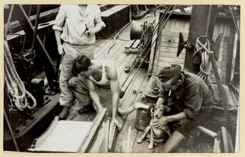 Sailors on board their ship with a dog, anonymous, 1940 - 1943 Canvas Print