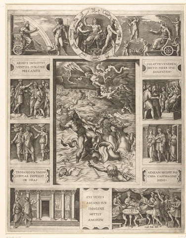 Jupiter depicts the storm at sea in rectangular frame with nine scenes from epic Aeneid, Marcantonio Raimondi, 1520 - 1562 Canvas Print