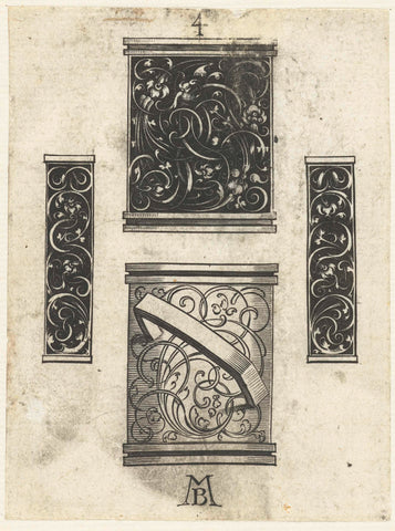 Two mouth cans and two small flat decorations, Michiel le Blon, after 1638 Canvas Print