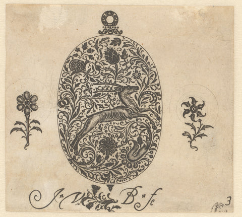 Black ornament with dense, fine foliage, flowers, a deer and a snail, Monogrammist JvB, 1619 Canvas Print