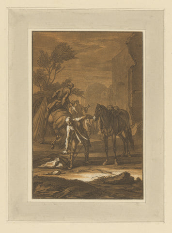 Man next to horse bends down to grab something from the ground, Christian Rugendas, 1718 - 1781 Canvas Print