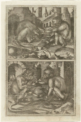 Two scenes with two chained monkeys each between ruins, anonymous, c. 1540 - c. 1560 Canvas Print