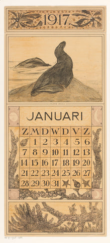 Calendar sheet January with sea lion, Theo van Hoytema, 1916 Canvas Print