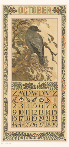 Calendar sheet October with variegated crow, Theo van Hoytema, 1909 Canvas Print