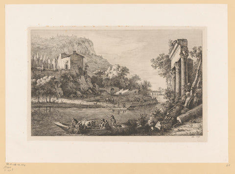 River landscape with crossing figures and ruins, Jean Jacques de Boissieu, 1796 Canvas Print