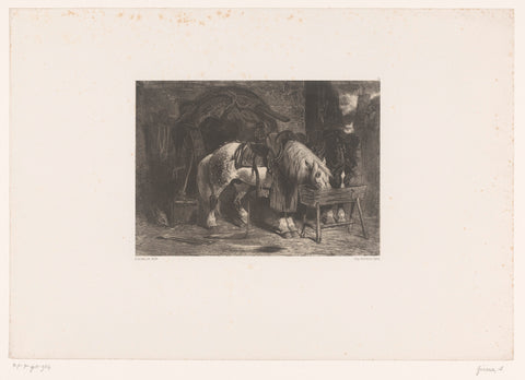 Two draft horses eat from a feeding trough, Achille Giroux, 1849 Canvas Print