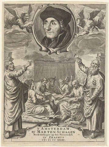 Portrait of Erasmus above four evangelists, Theodor Matham, 1723 Canvas Print