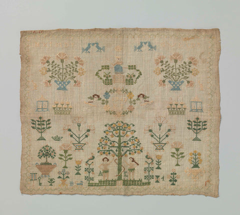 Sampler on which embroidered Adam and Eve and the year 1749., anonymous, 1749 Canvas Print