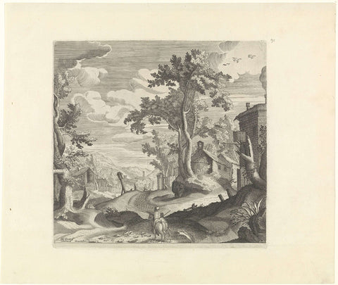 Landscape with two hunters, Johann Sadeler (I), 1580 - 1600 Canvas Print