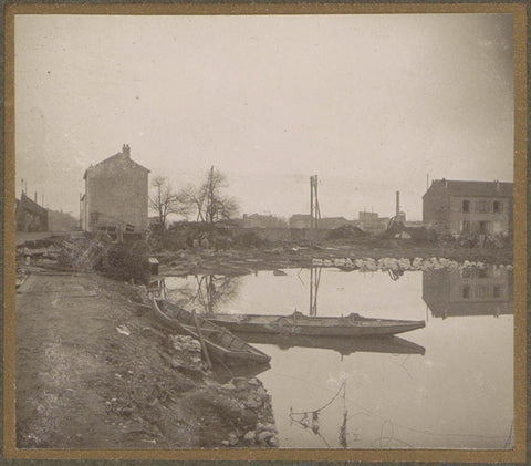 Small boat and houses in a flooded suburb of Paris, G. Dangereux, 1910 Canvas Print