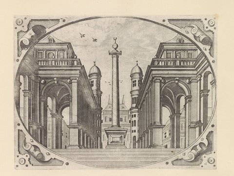 Staircase with monumental column crowned with sphere and crescent, Johannes or Lucas van Doetechum, after 1601 Canvas Print