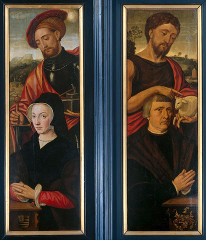 Two Wings of a Triptych with Portraits of Donors with Saints Adrian and John the Baptist, Pieter Pourbus (attributed to), 1530 - 1550 Canvas Print