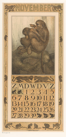 Calendar sheet November with flea monkeys, Theo van Hoytema, 1909 Canvas Print