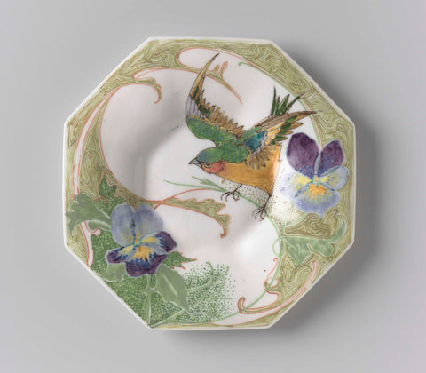 Dish, part of a tableware, painted with bird and violins, N.V. Haagsche Plateelfabriek Rozenburg, 1913 Canvas Print