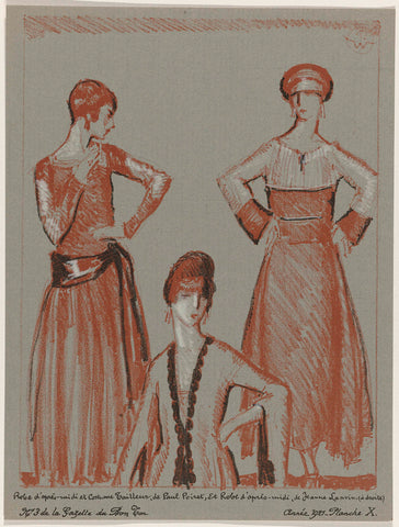 Gazette du Bon Ton, 1921 - No. 3, Pl. X: Afternoon dress and suit tailor, by Paul Poiret, and afternoon dress, by Jeanne Lanvin, Porter Woodruff, 1921 Canvas Print