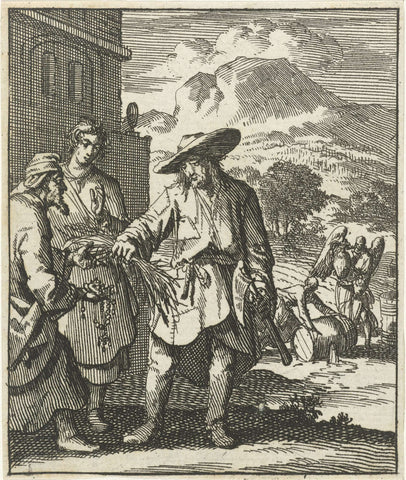 Bejaarde man biedt een boer kostbaarheden aan, Jan Luyken, 1689 Canvas Print