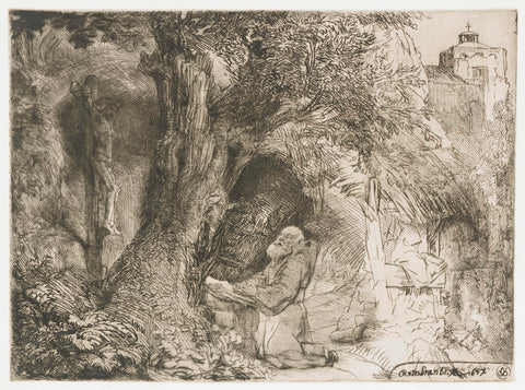 St Francis beneath a tree praying, Rembrandt van Rijn, 1657 Canvas Print