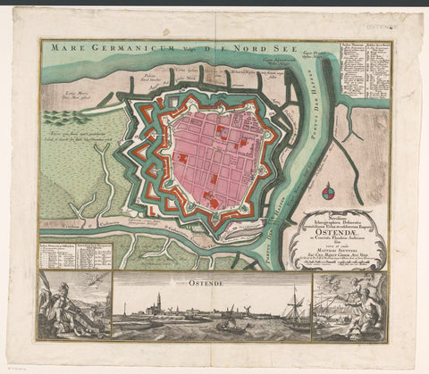 Map of Ostend with cityscape, Matthaeus Seutter (III), 1708 - 1757 Canvas Print