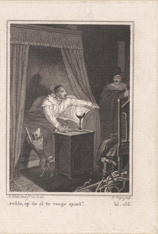 Man in a bedroom with a man in a bed, Philippus Velijn, 1828 Canvas Print