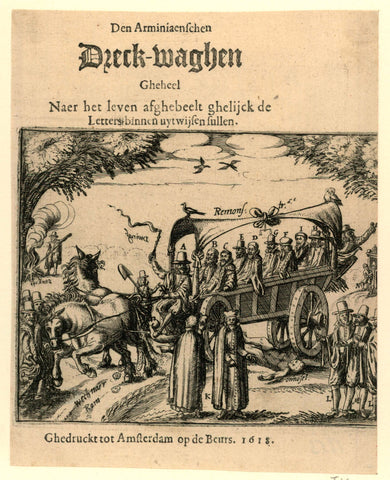 Title print of the pamphlet: Den Arminiaenschen Dreck-waghen Gheheel Naer het leven afghebeelt ghelijck de Letters binnen uytwijsen sullen, 1618, anonymous, 1618 Canvas Print