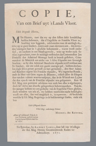 Copy of a Letter uyt 's Lands Vloot of 8 June 1672, Michiel Adriaansz. de Ruyter, 1672 Canvas Print