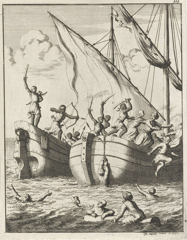 Ship overpowered by pirates in Congo, Jan Luyken, 1682 Canvas Print