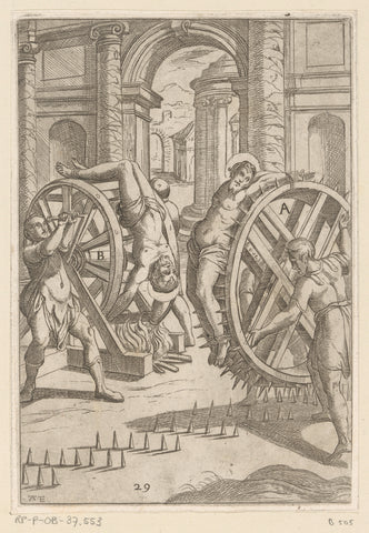 Torture with wheel with sharp points and flames, Antonio Tempesta, 1565 - 1630 Canvas Print