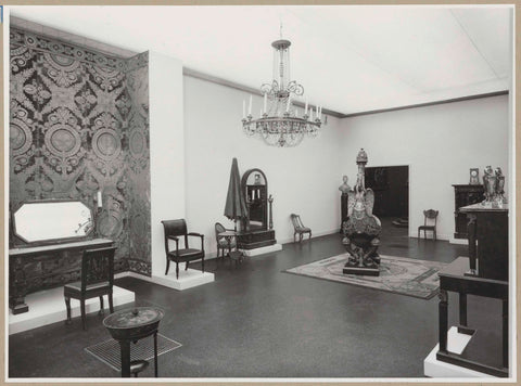 Room with furniture, a toilet table, wall covering and a crib, c. 1957 Canvas Print